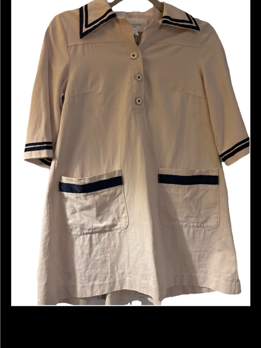 Pomander Place Cream Tunic Dress  with Navy Stripe Trim xs